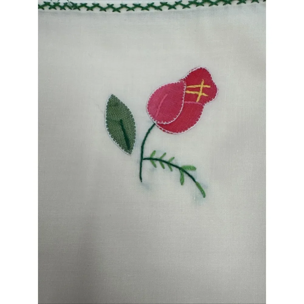 8 Vintage Cream Green‎ Cotton Dinner Napkins, Applique Embroidered Pink Flowers